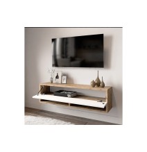 Mueble TV Moderno con 1 Puerta y Estantes en Melamina Color Cambria y Blanco - 100x31.5x29.6cm