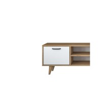 Mueble TV Color Blanco Nogal Melamina Natural - Patas Madera - 180x29.7x48.6 cm - 3 Cajones y Estantes.