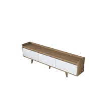 Mueble TV Nogal Melamina Puertas Blancas con Patas de Madera - 3 Puertas Abatibles - 180x29.7x51.8 cm - Elegancia y Espacio.